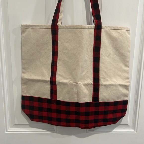 CHRISTMAS TREE SHOPS Cotton Canvas Tote Bag (Monogrammed “C”), Cream & Red\Black - Picture 11 of 13